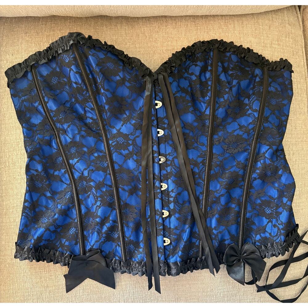 Royal Blue & Black Lace Overbust Corset Bustier 5XL
